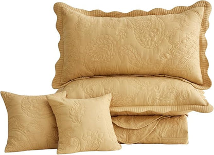 HZ & HY Oversized King Bedspread, Quilted Coverlet Bedding Set, Lightweight Thin Comforter, Reversible, Luxurious, 5 Piece, 100% Microfiber, Honey Gold