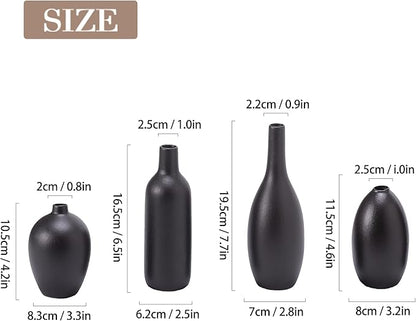 Black Ceramic Flower Vase Set of 4, Modern Farmhouse Decorative Vases for Bookshelf, Dining Room Coffee Console Table Centerpieces