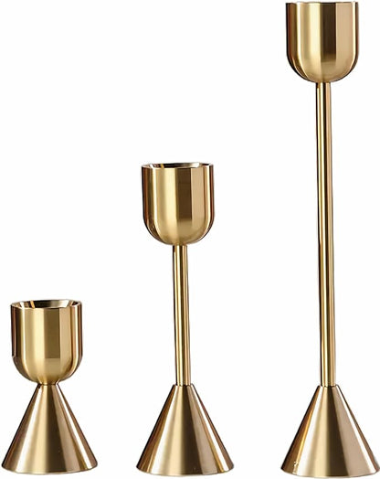Brass Gold Candlestick Holder,Taper Candle Holders,Set of 3 Candle Stick Holders,Vintage Modern Decorative Centerpiece for Table Mantel Wedding Housewarming