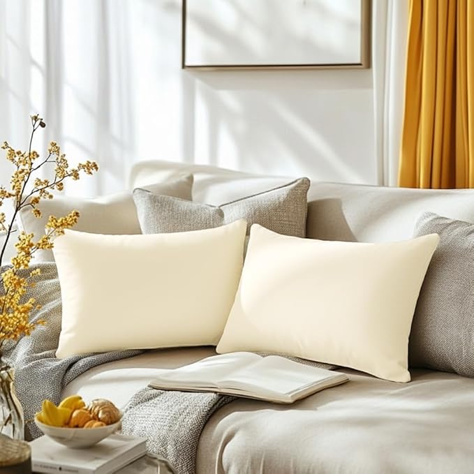 QUORGVES Cream Velvet Pillow Covers 12x20 Inch Set of 2, Soft Solid Decorative Lumbar Throw Pillow Covers, Decor Cushion Covers for Bed Sofa Couch Bedroom Living Room - Off White/Ivory