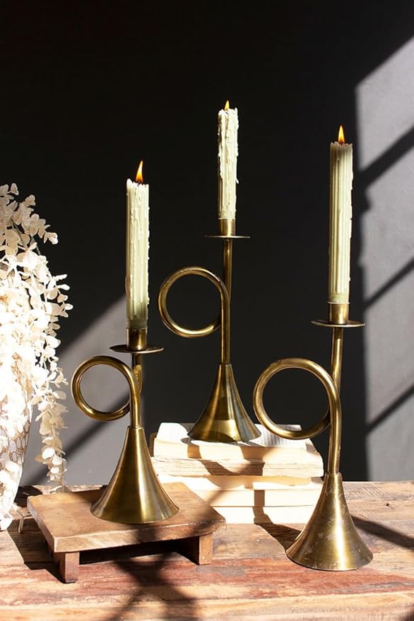 Kalalou Set of 3 Antique Brass Trumpet Taper Candle Holders