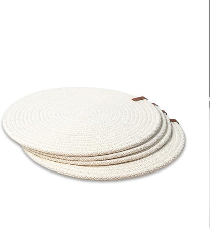 Round Placemats, Set of 4, Handmade by Braided Cotton Cord for Kitchen and Dining Table, Dia. 12.6 Inch, Doublesided, Heat Resistant, Off-White