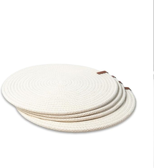 Round Placemats, Set of 4, Handmade by Braided Cotton Cord for Kitchen and Dining Table, Dia. 12.6 Inch, Doublesided, Heat Resistant, Off-White