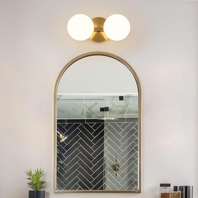 Gold Bathroom Vanity Light Fixtures: Modern Wall Scones With 2 Milk Glass Shades - Globe Makeup Lighting Fixture over Mirror - Brass Ball Powder Room Vanities Lights for Hallway Bedroom Bulbs Excluded
