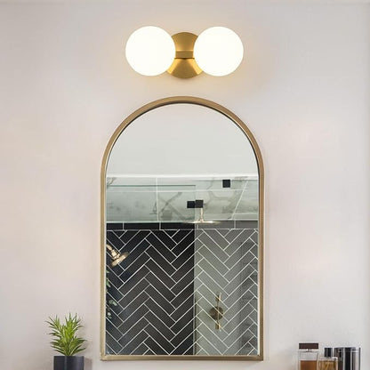 Gold Bathroom Vanity Light Fixtures: Modern Wall Scones With 2 Milk Glass Shades - Globe Makeup Lighting Fixture over Mirror - Brass Ball Powder Room Vanities Lights for Hallway Bedroom Bulbs Excluded