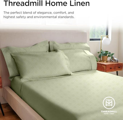 Threadmill King Size Sheets for King Mattress | 800 Thread Count Jacquard Celine Sage Green | Better Than Egyptian Cotton | 4 Pc Bed Sheets | Damask Sheet Fits 16'' Deep Pocket | 100% Cotton Sheets