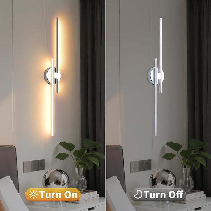 Wireless Battery Operated Wall Sconces with Remote, USB Rechargeable Led Wall Lights, 3000K-6000K Chrome wall sconces for Bedroom, Hallway, Living Room. Chrome 31.4-Inch Wall Light Set of Two