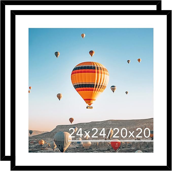24x24 Picture Frame Set of 2 Black with 20x20 Mat, Display Photo 20x20 with Mat or 24 x 24 Without Mat, Wall Hanging Large 24x24 Poster Frame with Shatter Resistant Plexiglass, 2 Pack, Black