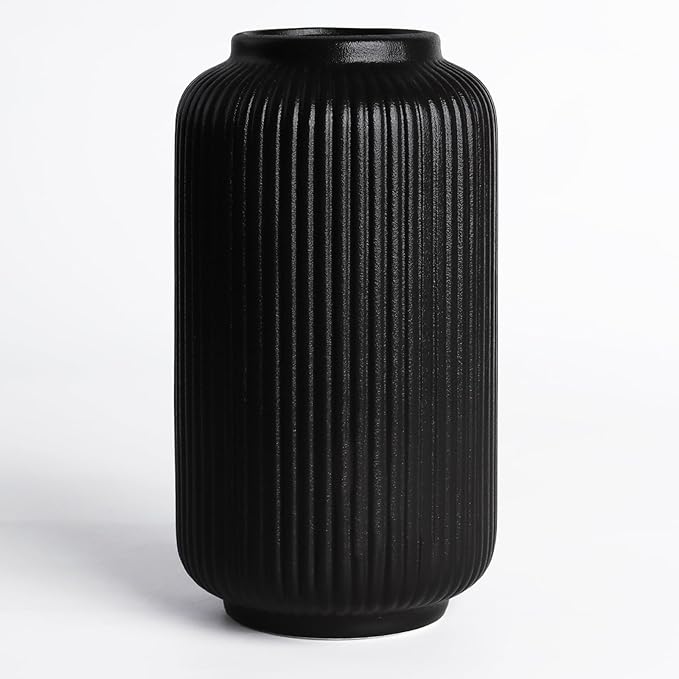 Matte Black Ceramic Flower Vase, 8 Inch Ribbed Vase for Pampas Grass, Fresh or Dried Flowers, Decorative Centerpiece for Living Room, Kitchen, Bookshelf, Office Decor