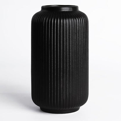 Matte Black Ceramic Flower Vase, 8 Inch Ribbed Vase for Pampas Grass, Fresh or Dried Flowers, Decorative Centerpiece for Living Room, Kitchen, Bookshelf, Office Decor