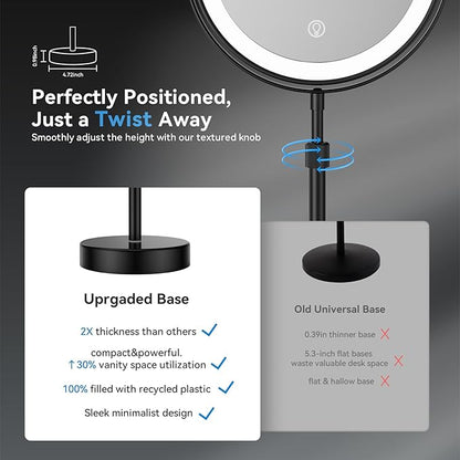 Nicesail LED Lighted Makeup Mirror Tabletop, 10X Magnifying Mirror with 3 Color Lights, Brightness Adjustable Height Adjustable, 15''~19'' Double Sided Touch Switch Desk Mirror, Black(8 Inch, 10X)