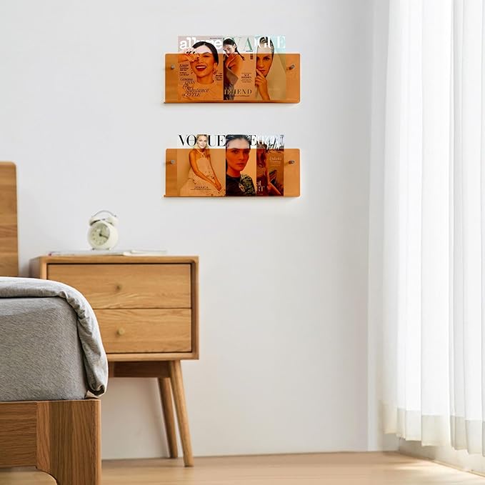 2-Pack Acrylic Magazine Holder - 24 Inch Wall Mounted Floating Bookshelf for Brochures, Records & Books, Modern Storage Rack for Office, Living Room, Waiting Room (Orange, 24 Inch)