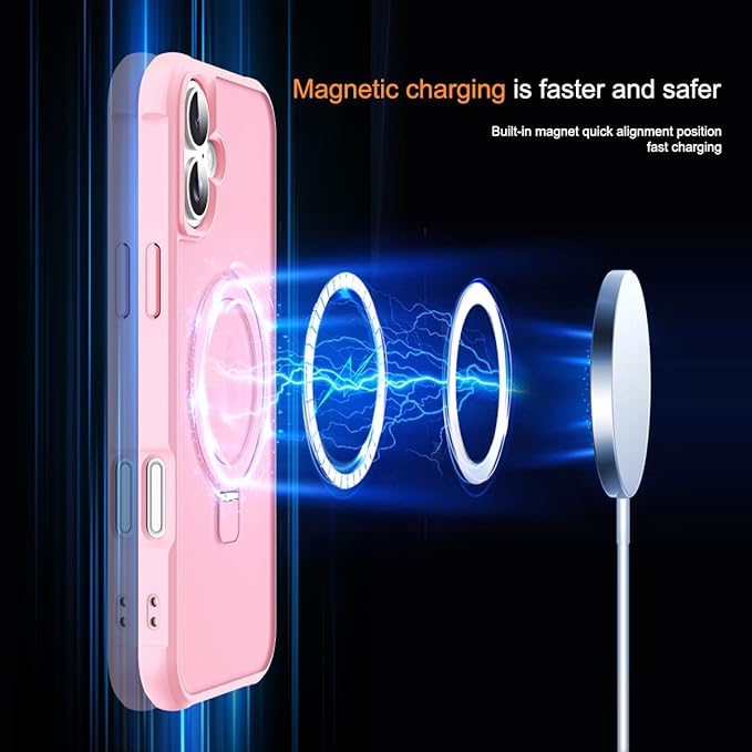 Compatible with iPhone 16 Plus Case with Invisible Magnetic O-Ring Stand Military-Grade Translucent Case for iPhone 16 Plus 6.7" [Compatible with Mag-Safe][Great Grip Feeling], Pink