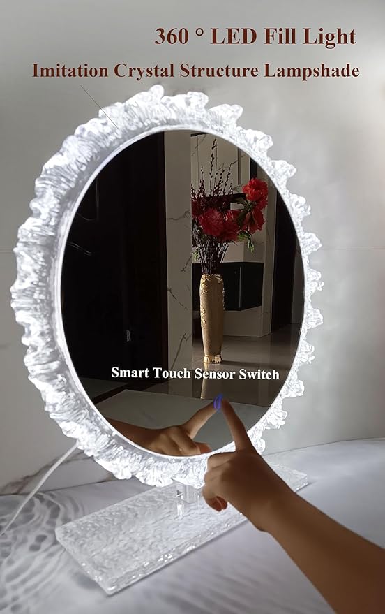 Crystal LED Vanity Mirror with Touch Control 3 Color Lights, Dimming 360° Rotation Desktop Elegant Decorative Hollywood HD Makeup Mirror(Tabletop Mirror-30cm)