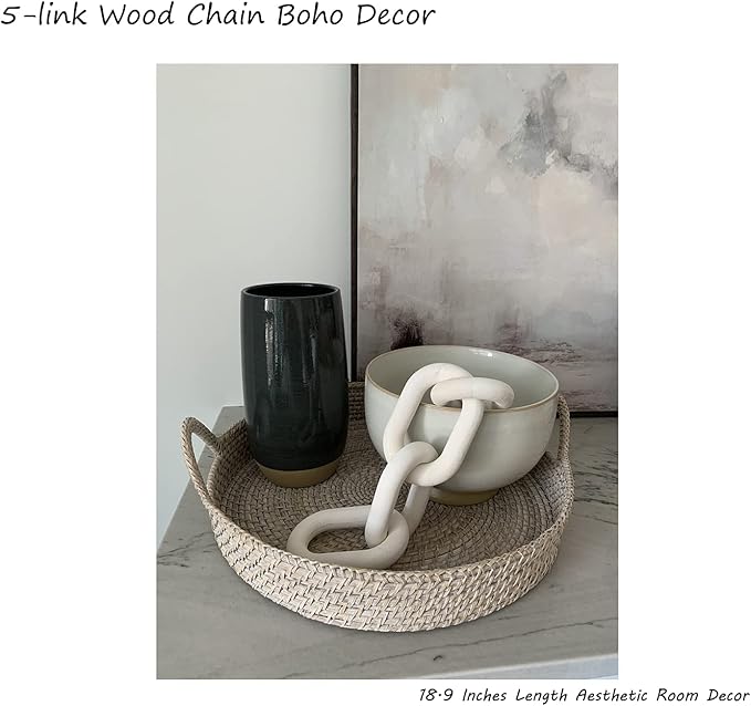 Wood Chain Link Decor - 18.9 Inch Length, 5-Link Boho Decor for Living Room, Farmhouse, Coffee Table (White)