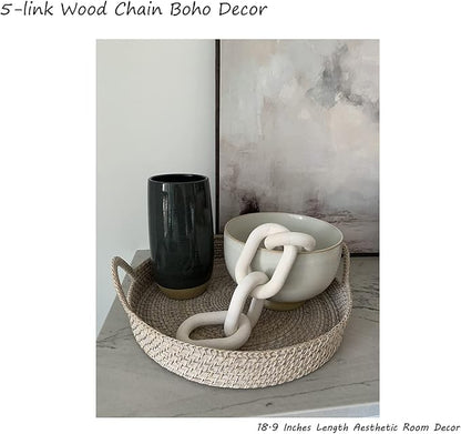 Wood Chain Link Decor - 18.9 Inch Length, 5-Link Boho Decor for Living Room, Farmhouse, Coffee Table (White)