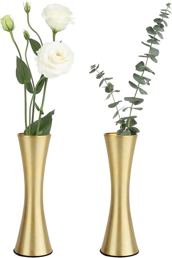 Vixdonos 6.7 inch Brass-Toned Metal Vase Small Dried Flower Vase Set of 2 Modern Decorative Vase for Home Decor, Wedding or Gift(Gold)