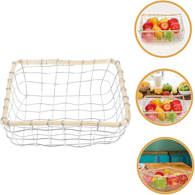 Happyyami Iron Woven Storage Basket Kitchen Living Room Organizer Sturdy Fruit Bowl for Fruits Bread Snacks Easy to Clean Small Square