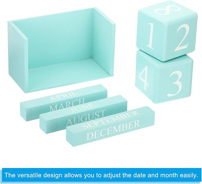 PATIKIL Vintage Wood Block Perpetual Calendar, Reusable Wooden Month Date Display Blocks for Desk Office Home Decoration 6.1", Green