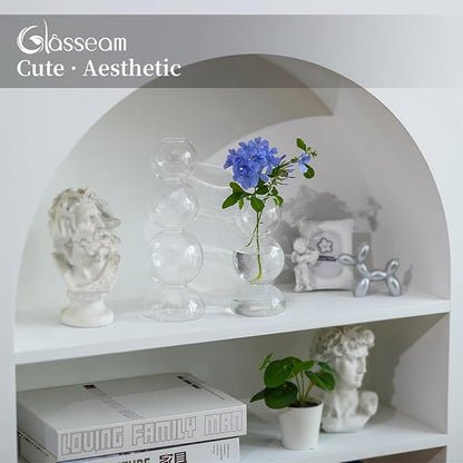 Glasseam Unique Flower Vase Set of 2, Cute Small Glass Vases for Flowers, Modern Clear Vases for Decor, Aesthetic Single Bud Vase, Round Decorative Bubble Ball Vase for Dining Table Decorations