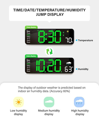 Digital Wall Clock, Digital Clock Large Display with Remote Control, Corded LED Alarm Clocks with Date, Week, Temp, Humidity, Auto DST, Countdown, for Living Room Bedroom Classroom Office (Green)