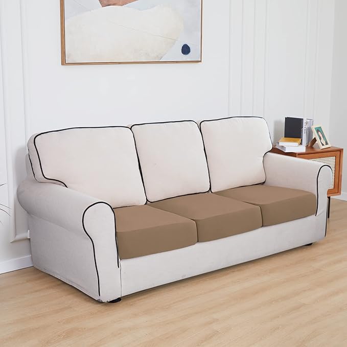 Easy-Going 100% Waterproof Chair Sofa Seat Cushion Slipcovers Couch Cushion Cover Stretch Furniture Protector for Kids, Pets (3-Piece Sofa Cushion, Camel)
