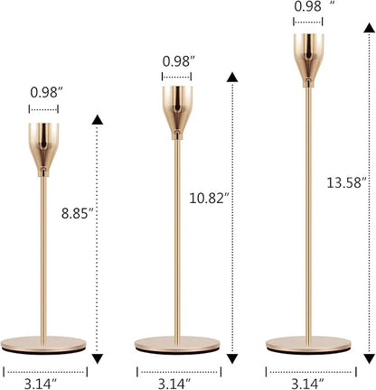 Gold Candle Holders Set of 3 Taper Candlestick Holders Vintage Metal Brass Modern Tall Pillar Mantle Candle Stand Decorative Candle Sticks Long Holders for Table Centerpiece Wedding Party Dinning