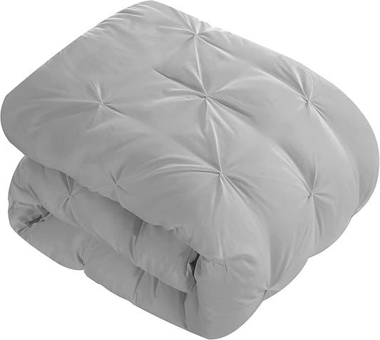 EVOLIVE 4pc Set Pinch Pleat/Kiss Pleat, Pintuck Down Alternative Comforter Set with Pompom (King, Silver Grey)