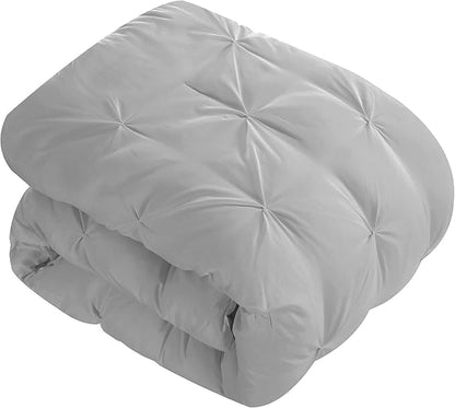 EVOLIVE 4pc Set Pinch Pleat/Kiss Pleat, Pintuck Down Alternative Comforter Set with Pompom (Twin, Silver Grey)