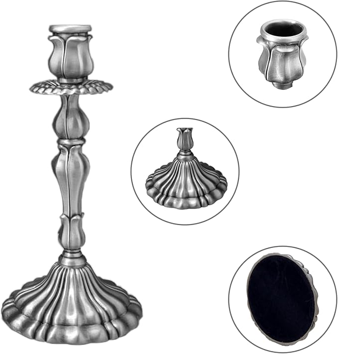 Taper Candle Holders, Vintage Embossed Candlesticks with Sleek Electroplated Finish, Modern Decorative Candle Holders for Dining Table, Party, Home Decor, Set of 2 (Antique Pewter)
