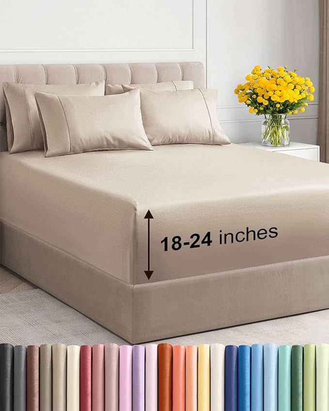Extra Deep King Sheet Set - 6 Piece Breathable and Cooling Sheets - Hotel Luxury Bed Sheets Set - Easy & Secure Fit - Soft, Wrinkle Free and Comfy Sheets Set - Wheat Sheet Set with Extra Deep Pockets