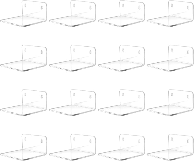 Acrylic Mini Floating Shelf, 16 Pack - Clear, Modern Wall Shelf for Office, Bedroom, Living Room - Mounted Storage for Pop Figures, Plants, Pictures