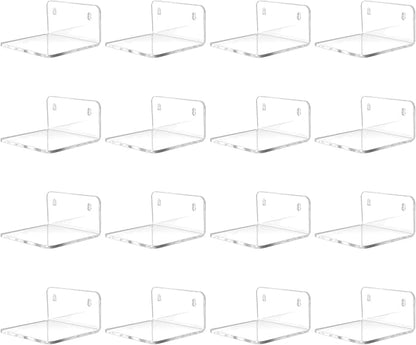 Acrylic Mini Floating Shelf, 16 Pack - Clear, Modern Wall Shelf for Office, Bedroom, Living Room - Mounted Storage for Pop Figures, Plants, Pictures
