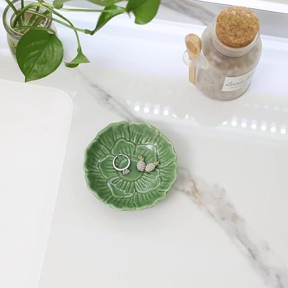 Flower Ring Dish Holder,Jewelry Dish Tray,Small Trinket Tray,Jewelry Plate Bowl,Key Bowl,Decorative Plate,Birtdhay Christmas Gifts for Women Friends,Ceramic Green