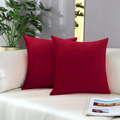 mixeoo Comfy Christmas Red Throw Pillow Covers Decorative Square Solid Thick Velvet Super Soft Cushion Cases Home Decor for Sofa Couch Living Room Chair, Set of 2, 18 x 18 Inch