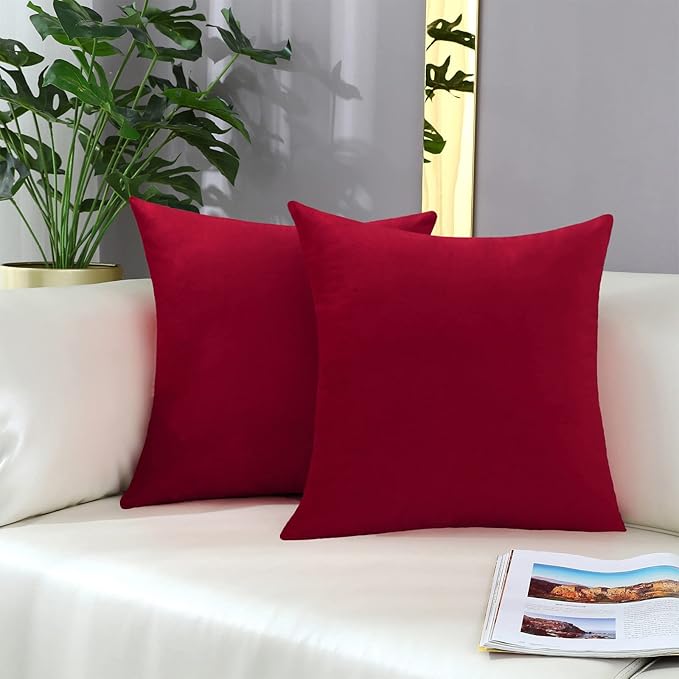 mixeoo Comfy Christmas Red Throw Pillow Covers Decorative Square Solid Thick Velvet Super Soft Cushion Cases Home Decor for Sofa Couch Living Room Chair, Set of 1, 24 x 24 Inch