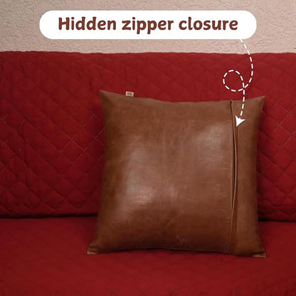Lambskin Leather Pillow Cover - Sofa Cushion Case - Decorative Throw Covers for Living Room & Bedroom, 18x18 Inches - Tan & Brown Plain Pack of 1