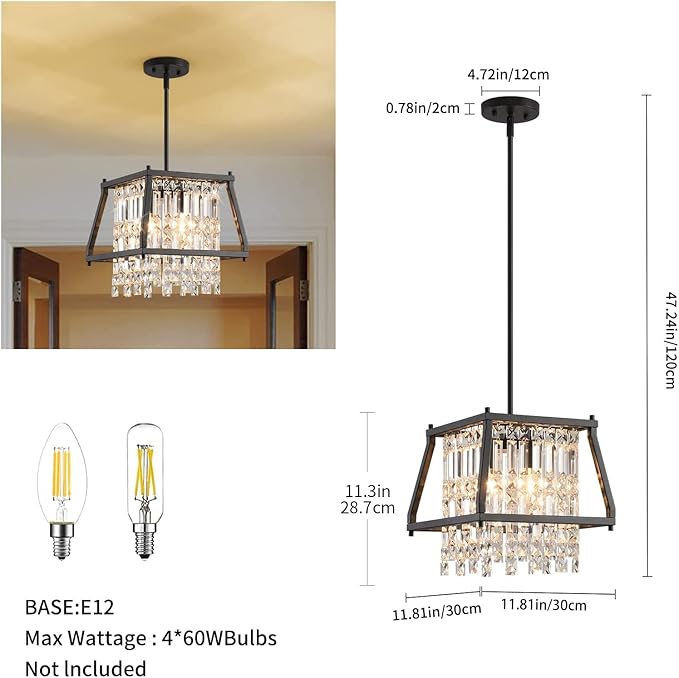 LMQNINE Farmhouse Chandelier - Black Metal Crystal Pendant Light for Kitchen, Dining Room, Living Room - Flat & Inclined Ceiling (Trapezoid -11.81in)