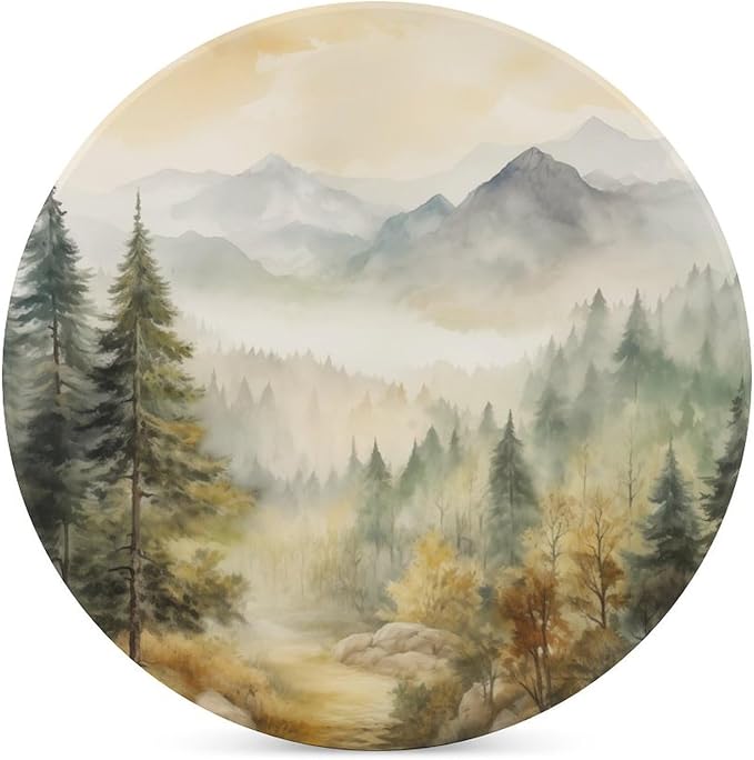 Round-6PCS Forest Ceramic Coasters, Round Absorbent Drink Coasters, Watercolor Mountain Forest Nature Tree Woodland Ceramic Table Coasters for Coffee, Beverage, Wine, Beer Coasters