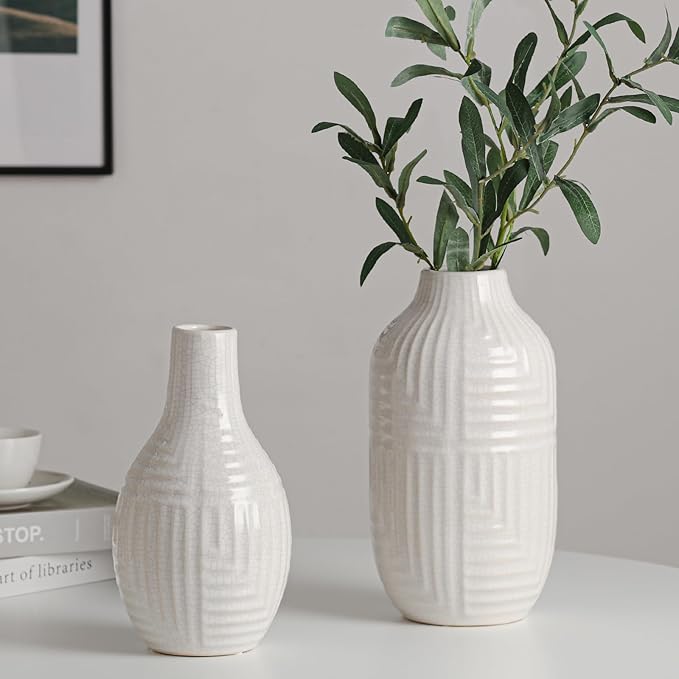 hjn Hand-Glazed White Ceramic Vase - 9.4" H Modern Decorative Centerpiece Vase for Fresh/Dried Flowers, Home Decor for Living Room Bookshelf Mantel | Wedding Housewarming Gift