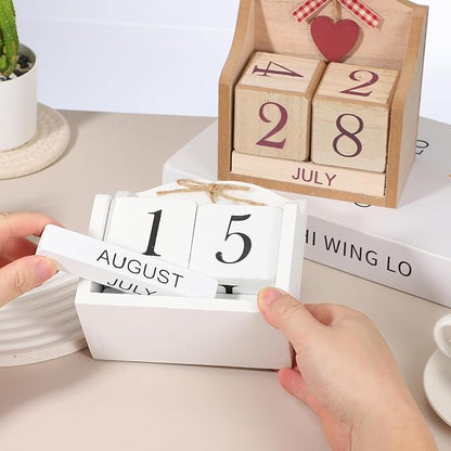 uxcell Wooden Desk Calendar, Wood Block Perpetual Calendar Vintage with 5 Blocks & Heart Reusable Month Date Display for Desk Office Home Desktop Decoration, White