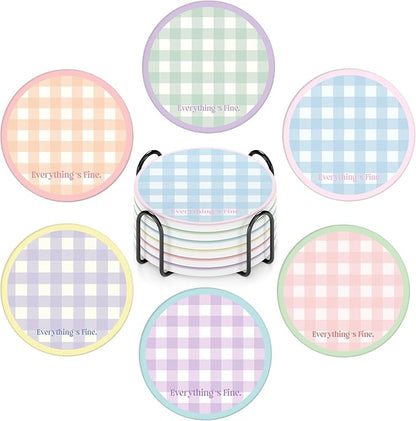 6-Piece Ceramic Coaster Set with Tray Diameter: 3.94 in Thickened Absorbent Material Heat-Resistant and Water-Absorbent Coaster Set Suitable for All Types of Cups， Checkered