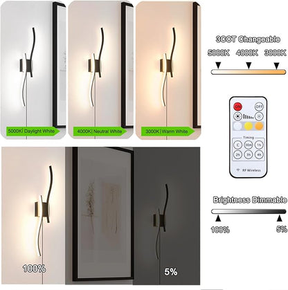 Modern Plug in Wall Sconce Set of 2, Black Dimmable LED Wall Light with Remote Control, 3CCT Adjustable & Memory Function, Timer, Plug in Cord Wall Lamp for TV Wall Living Room Hallway Bedroom