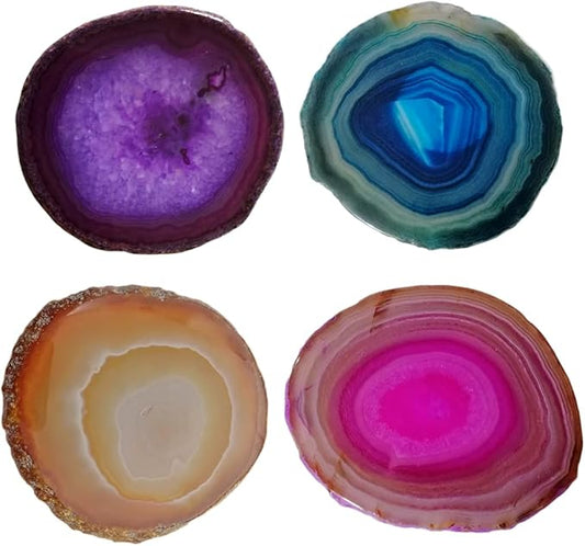 Agate Coaster for Drinks Mixed Color Crystal Coasters Set of 4 with Rubber Bumpers 3-4" for Coffee Wine or Bar Glasses