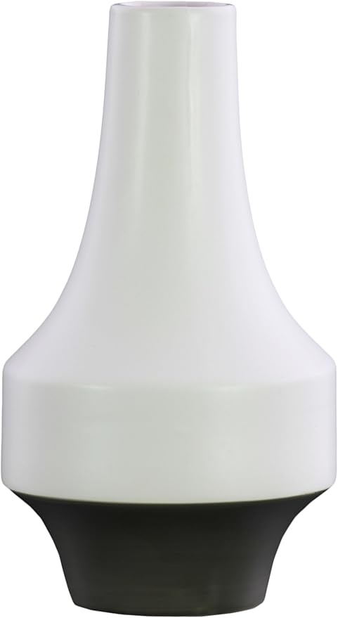 Urban Trends Stoneware Round Long Neck, Gray Banded Rim Base and Tapered Bottom LG Matte Finish White Vase