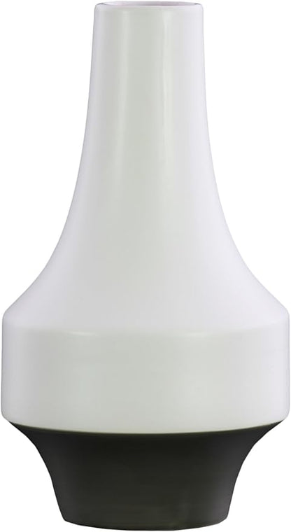 Urban Trends Stoneware Round Long Neck, Gray Banded Rim Base and Tapered Bottom LG Matte Finish White Vase