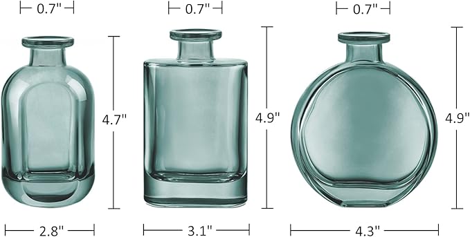 Joeyan Green Glass Bud Vase Set of 3 - Decorative Rustic Flower Vase - Small Bottle Vase Centerpieces for Wedding, Home, Office, Table Décor