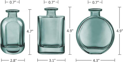 Joeyan Green Glass Bud Vase Set of 3 - Decorative Rustic Flower Vase - Small Bottle Vase Centerpieces for Wedding, Home, Office, Table Décor