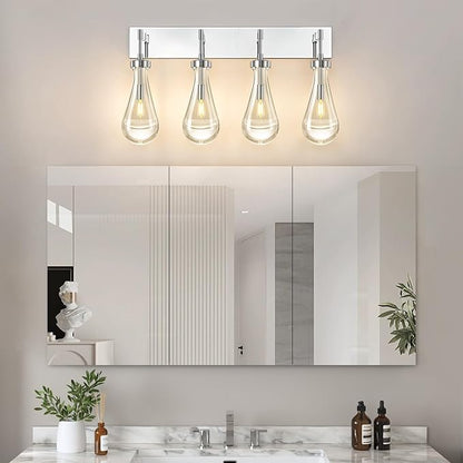 Raindrop Wall Sconces Chrome Crystal Sconces Wall Decor Modern Lighting Glass Bathroom Sconces Indoor Vanity Light Wall Lamp for Bedroom Living Room Stair(4-Light)