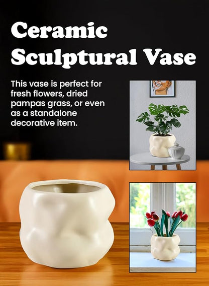 Serene Spaces Living Ceramic Sculptural Vase, Modern Organic Vase for Home, Event Decor, Table Centerpiece, or Gifting - Perfect for Fresh or Dried Flowers, 6.5" Diameter & 5" Tall